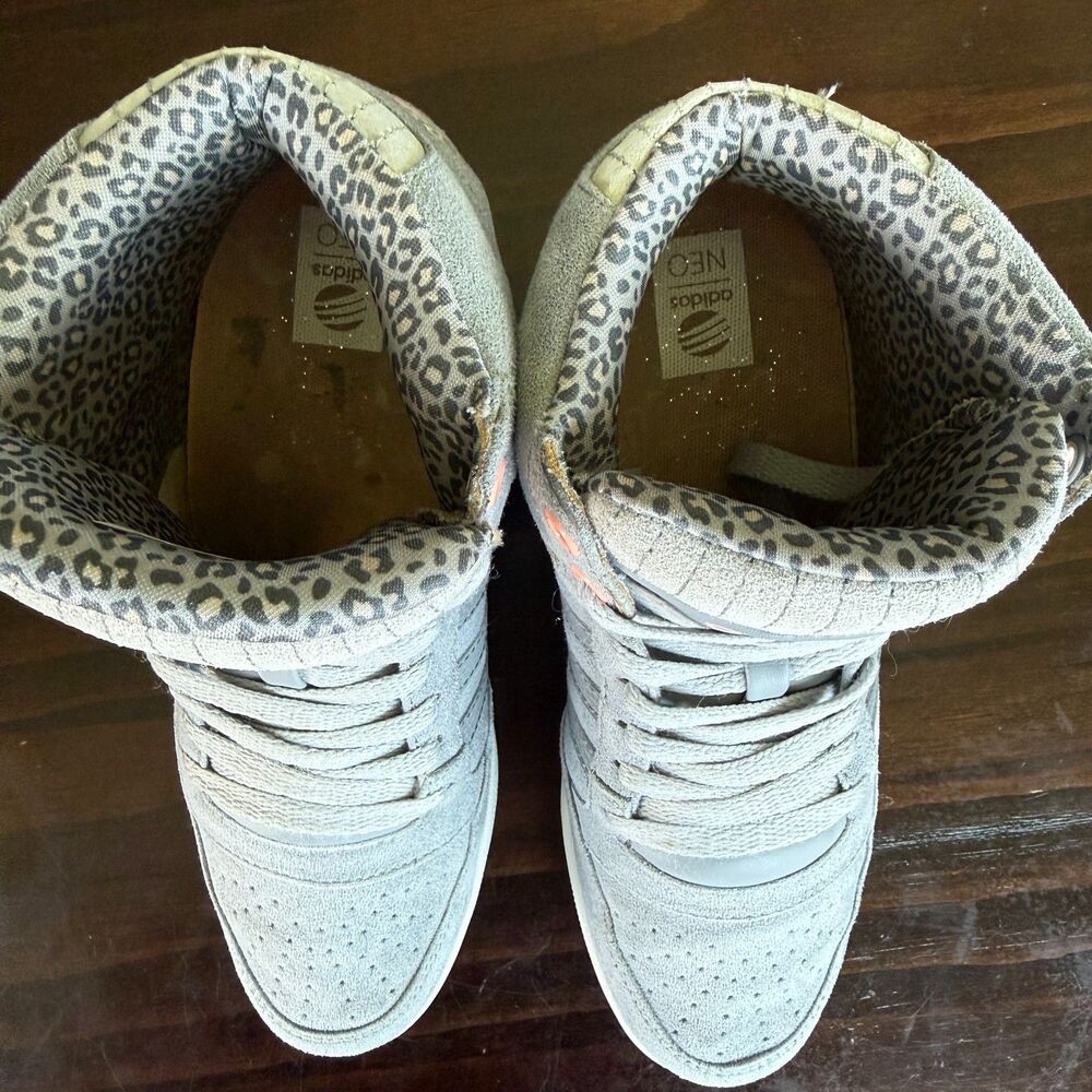 adidas NEO Super Women's Gray Suede High Top Wedge Leopard Sneakers Size 6.5 - Picture 5 of 10